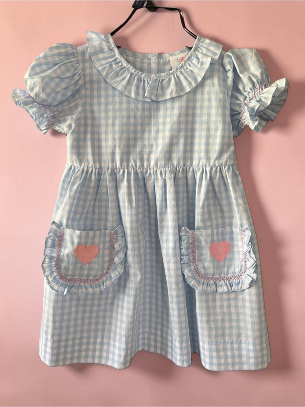 NWOT Stitchy Fish Blue & White Check Dress Heart Pocket Puff sleeve smocking